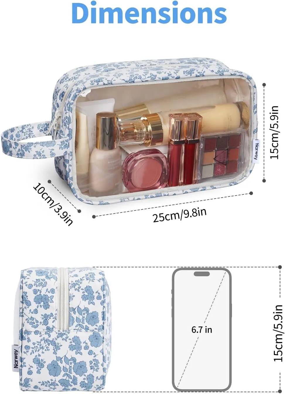 Narwey Clear Makeup Bag Cosmetic Bag with Zipper for Travel, Clear Toiletry Bags for Traveling Toiletries Women Men, Make Up Pouch with Handle, Skincare Bag (Little Blue Flower)