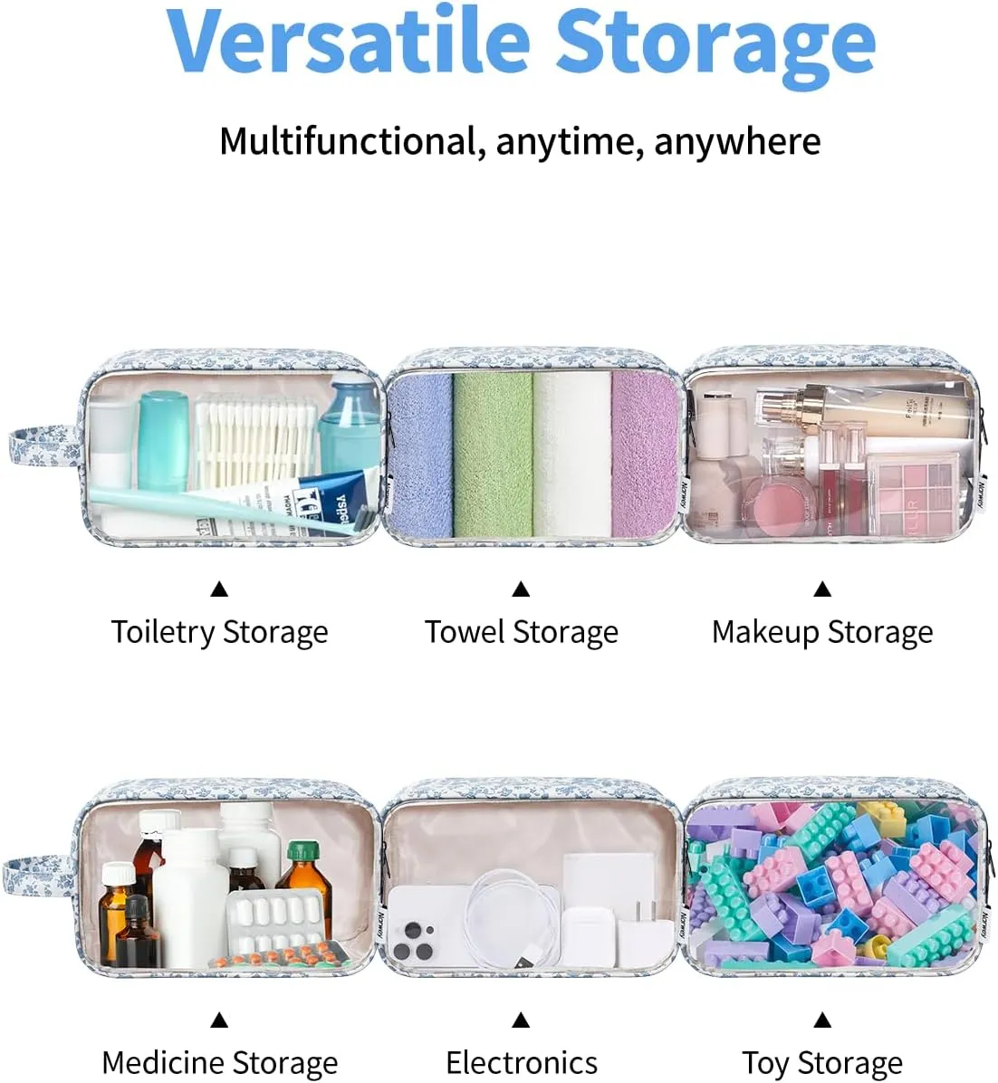 Narwey Clear Makeup Bag Cosmetic Bag with Zipper for Travel, Clear Toiletry Bags for Traveling Toiletries Women Men, Make Up Pouch with Handle, Skincare Bag (Little Blue Flower)