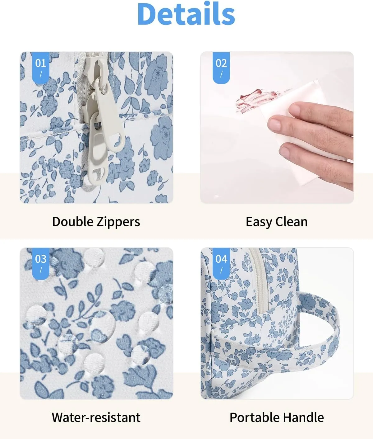 Narwey Clear Makeup Bag Cosmetic Bag with Zipper for Travel, Clear Toiletry Bags for Traveling Toiletries Women Men, Make Up Pouch with Handle, Skincare Bag (Little Blue Flower)