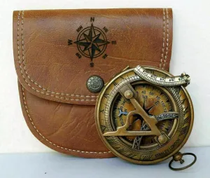 Nautical Brass Pocket Sundial Compass Navigational Antique Style Compass with Leather Case for Men's Women's Camping & Hiking Use