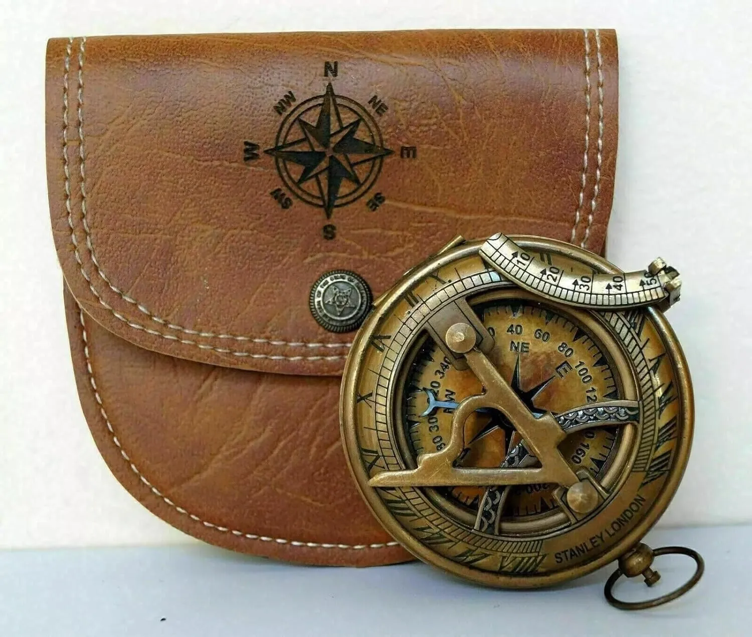Nautical Brass Pocket Sundial Compass Navigational Antique Style Compass with Leather Case for Men's Women's Camping & Hiking Use