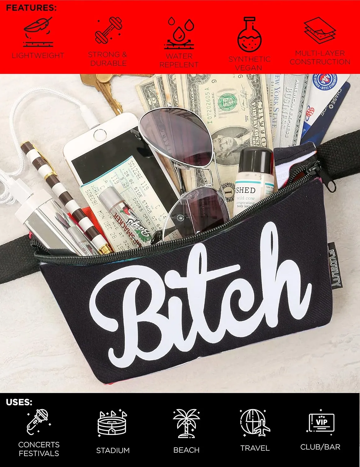 NC-17 90s Black Fanny Pack Crossbody Bags for Women Festival Bag Small Fanny Packs for Women Fashionable Concert Rave Accessories Fanny Pack for Men Womens Fashion Waist (83002)