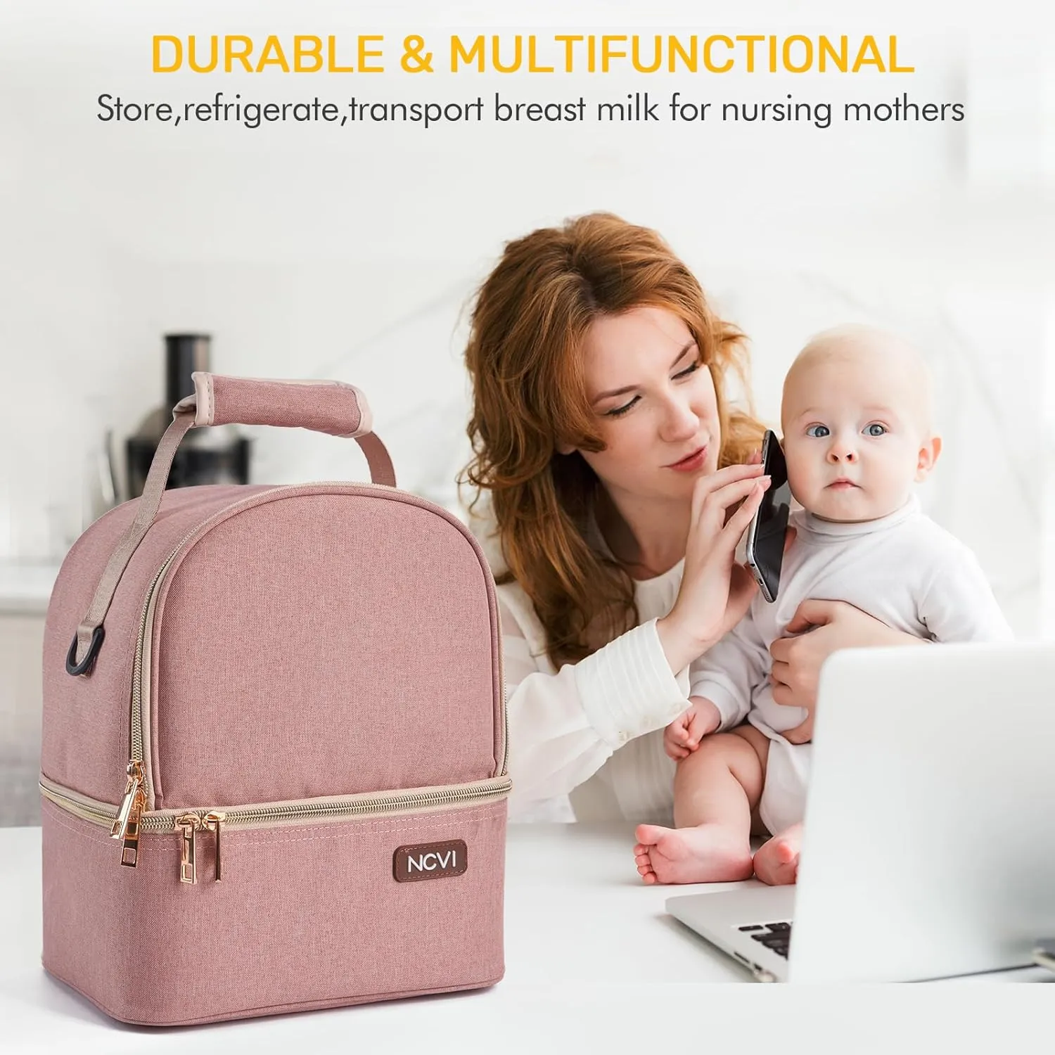 NCVI Breastmilk Cooler Bag with 2 Ice Pack, Breast Pump Bag with Cooler Fits 6 Bottles, Double Layer Breast Milk Baby Bottle Cooler Bag, for Travel, Nursing Mom Daycare, Work, Picnic (Pink)