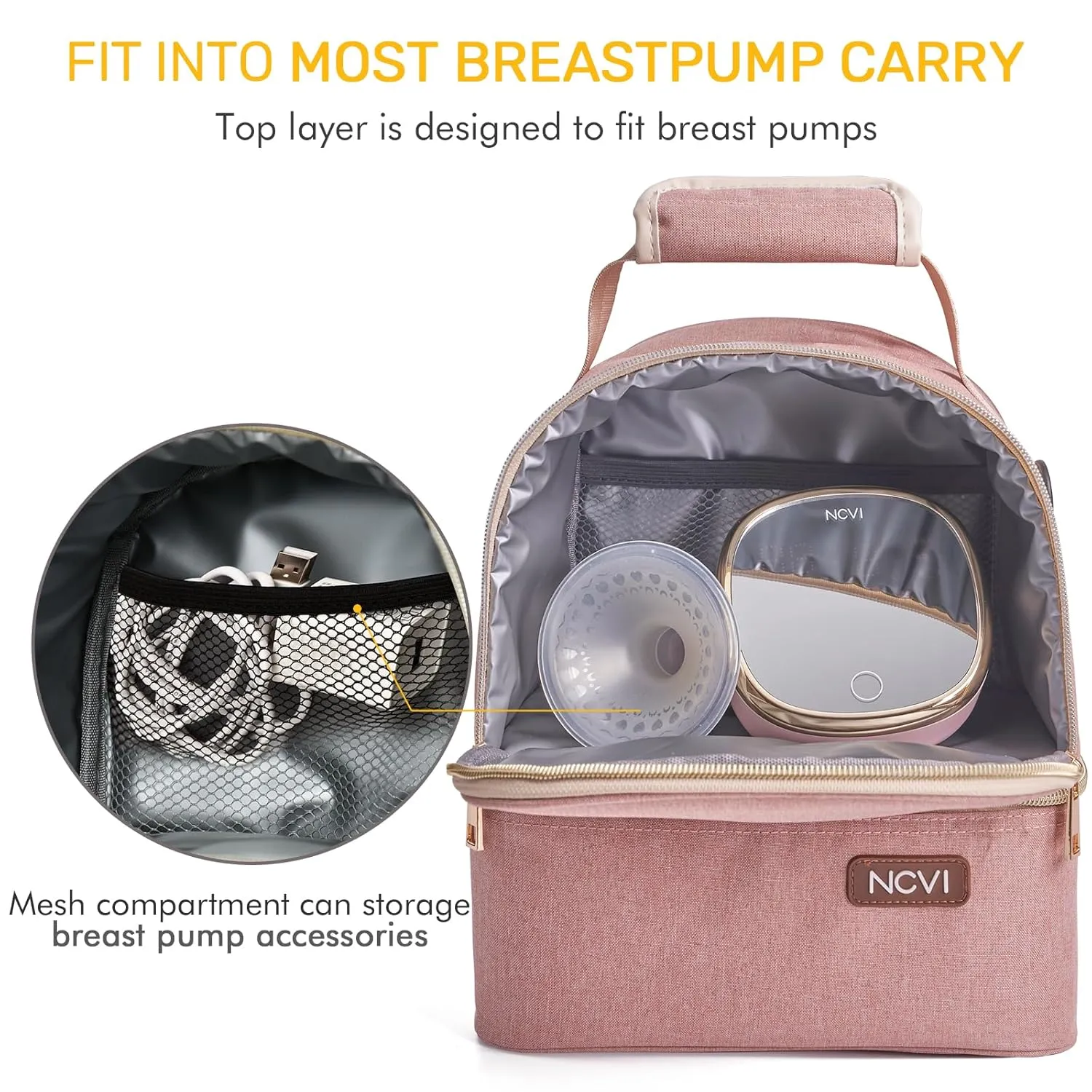 NCVI Breastmilk Cooler Bag with 2 Ice Pack, Breast Pump Bag with Cooler Fits 6 Bottles, Double Layer Breast Milk Baby Bottle Cooler Bag, for Travel, Nursing Mom Daycare, Work, Picnic (Pink)
