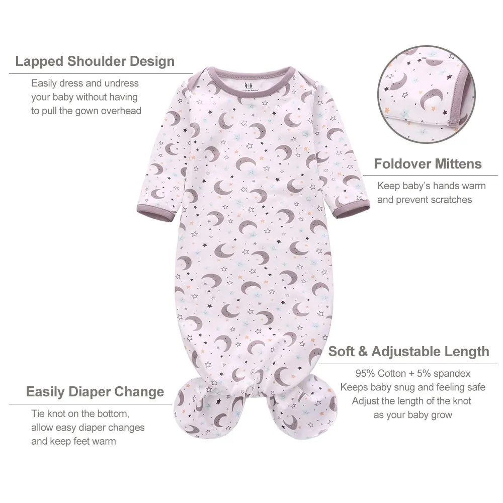 Newborn Knotted Nightgown Long Sleeve with Matching Hat Set 3 Pack, Cotton Baby Sleeper Gowns Sleeping Bag Unisex Home Outfits Set with Mitten Cuffs for Boys Girls 0-6 Months