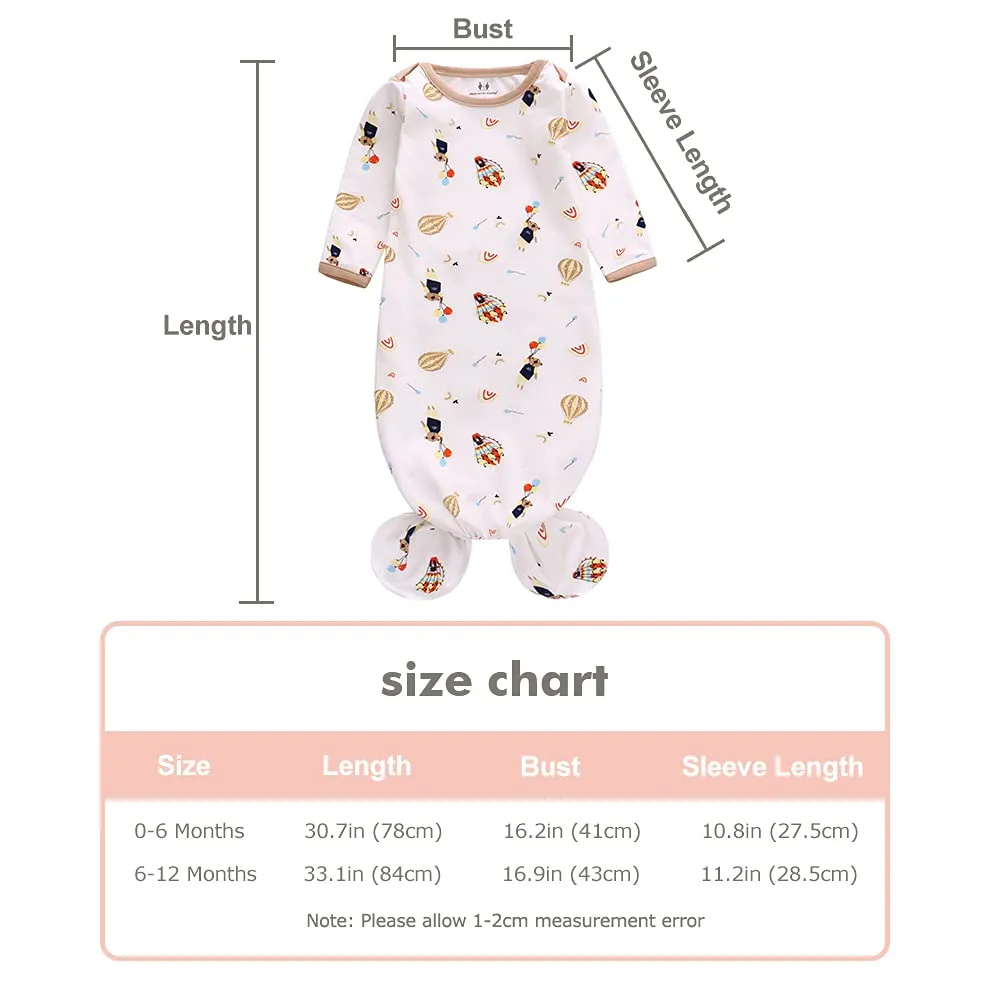 Newborn Knotted Nightgown Long Sleeve with Matching Hat Set 3 Pack, Cotton Baby Sleeper Gowns Sleeping Bag Unisex Home Outfits Set with Mitten Cuffs for Boys Girls 0-6 Months