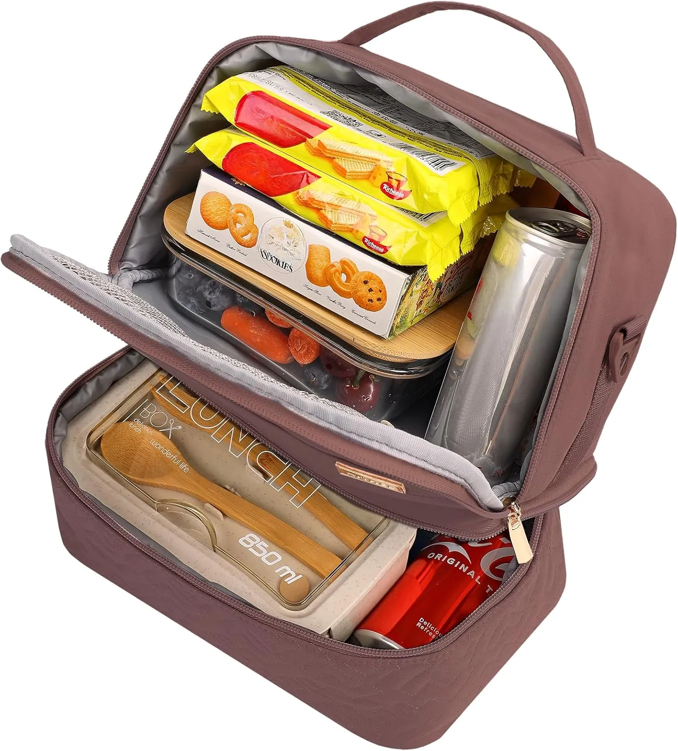NISHEL Lunch Bag for Women, Insulated Two Separate Compartments Meal Box with Adjustable Shoulder Strap, Leakproof Cooler Case for Work, Rosewood-PinK