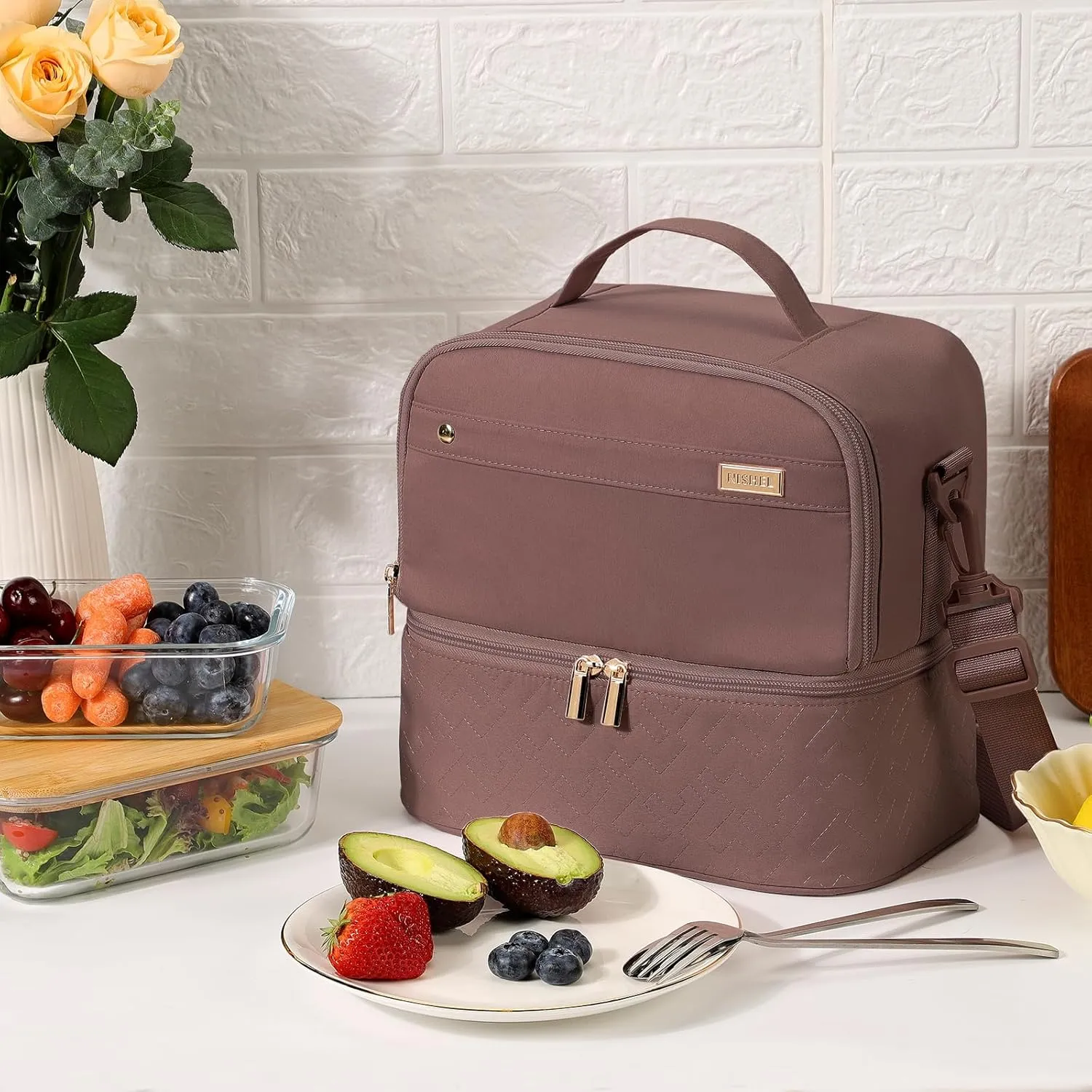 NISHEL Lunch Bag for Women, Insulated Two Separate Compartments Meal Box with Adjustable Shoulder Strap, Leakproof Cooler Case for Work, Rosewood-PinK