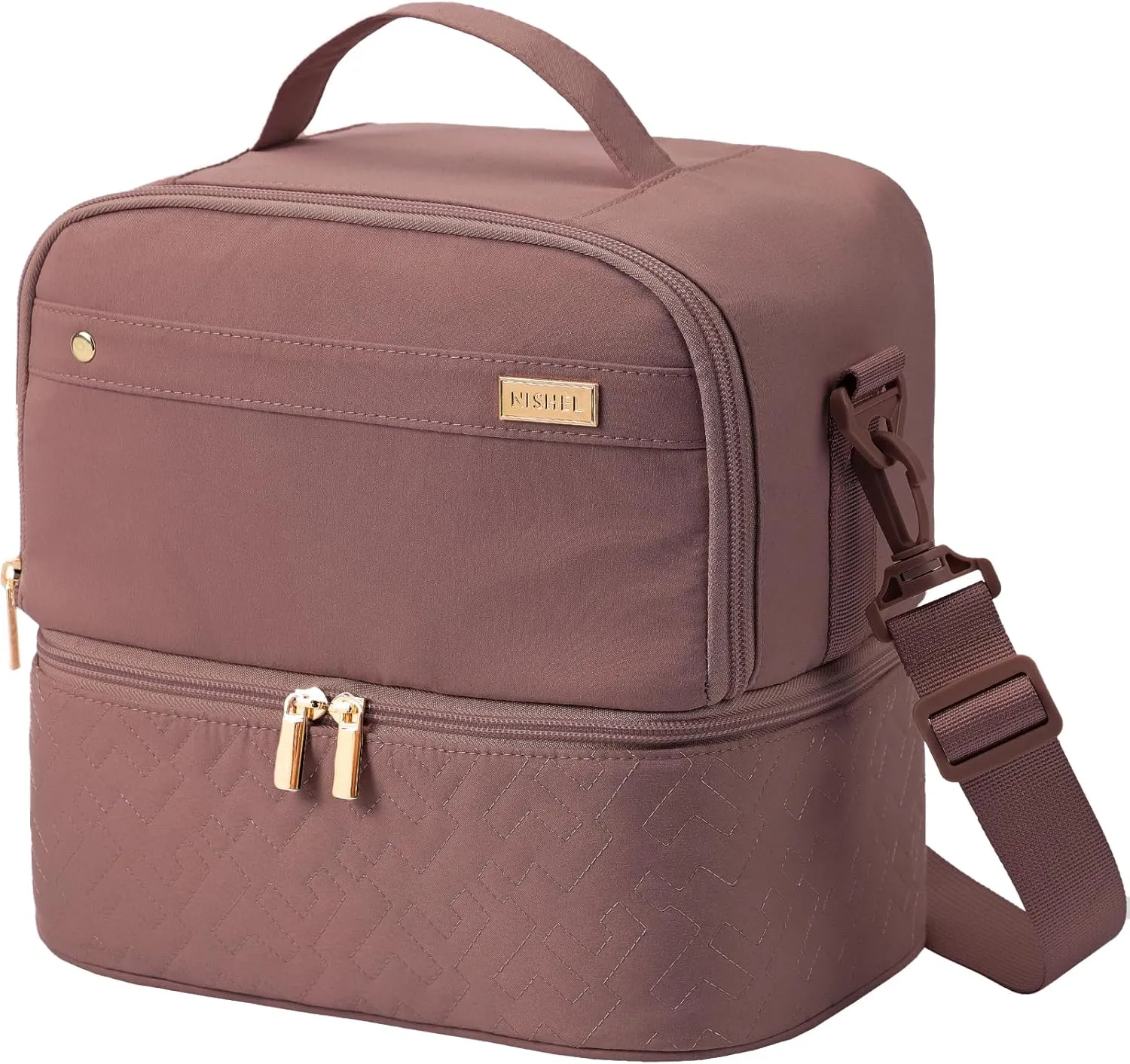 NISHEL Lunch Bag for Women, Insulated Two Separate Compartments Meal Box with Adjustable Shoulder Strap, Leakproof Cooler Case for Work, Rosewood-PinK