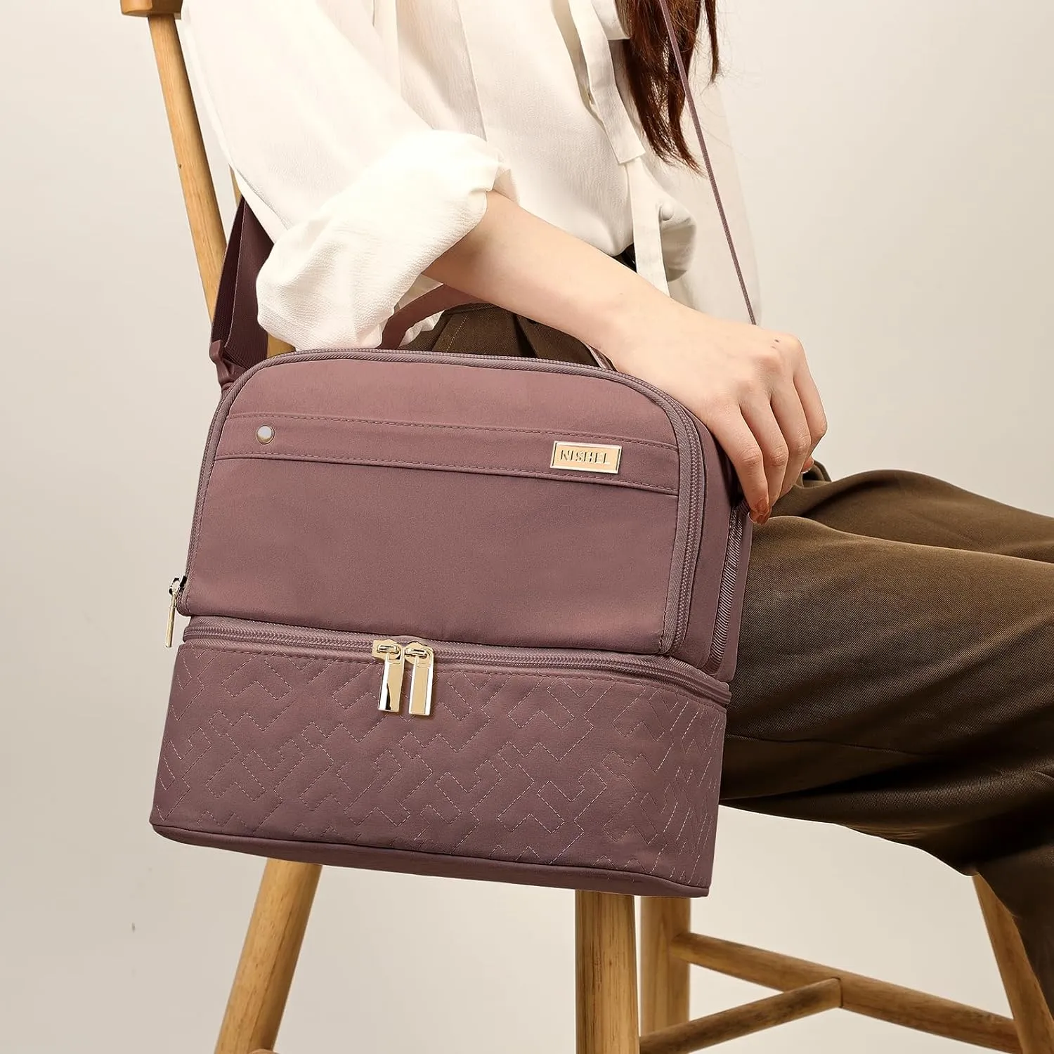 NISHEL Lunch Bag for Women, Insulated Two Separate Compartments Meal Box with Adjustable Shoulder Strap, Leakproof Cooler Case for Work, Rosewood-PinK