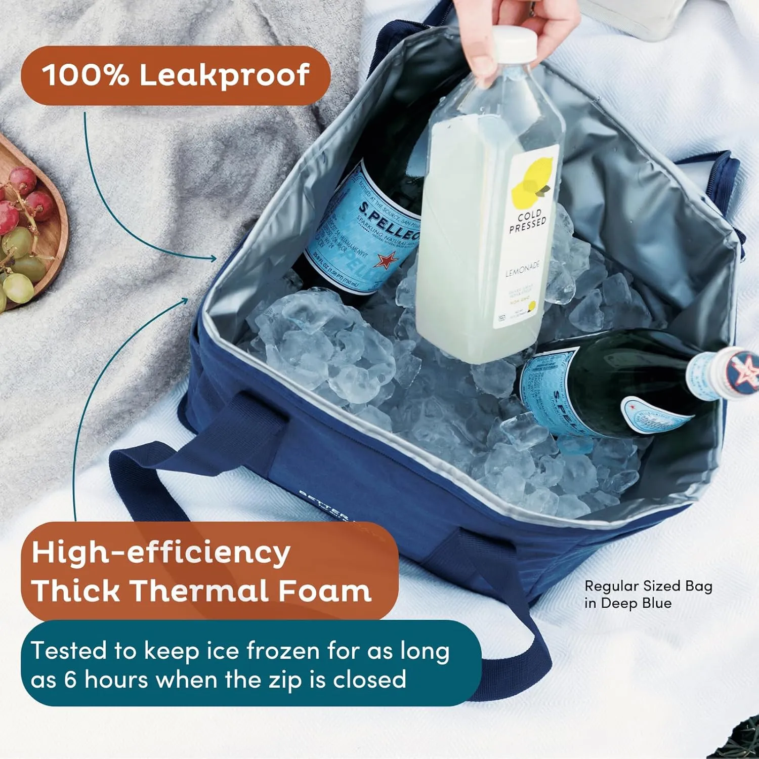 Nook Theory Reusable Insulated Grocery Bag - Leak Proof, X Large Insulated Cooler Bag - Insulated Shopping Bags for Groceries - Travel Cooler Bag for Frozen and Hot Food with Zippered Top (Deep Blue)