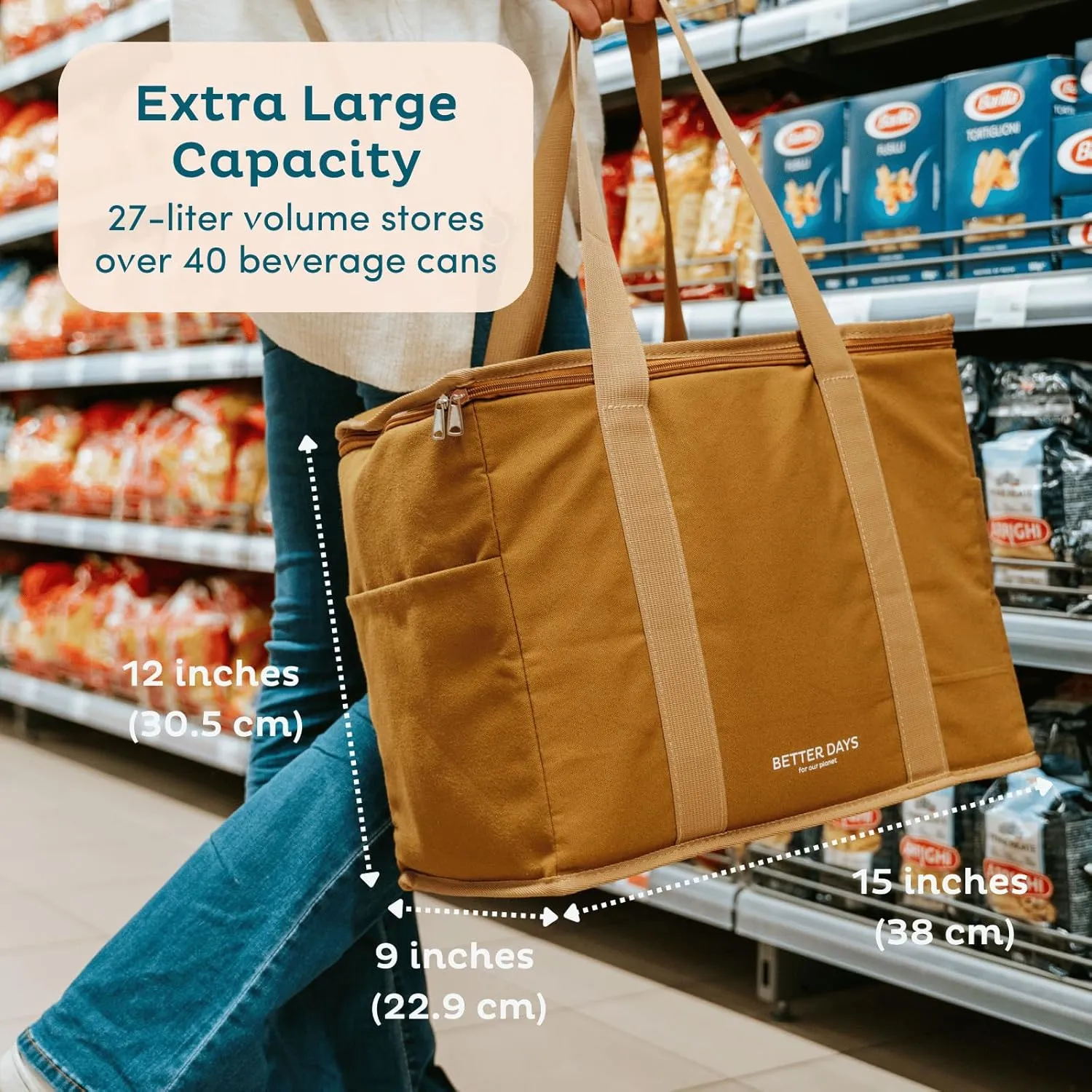 Nook Theory Reusable Insulated Grocery Bag - Leak Proof, X Large Insulated Cooler Bag - Insulated Shopping Bags for Groceries - Travel Cooler Bag for Frozen and Hot Food with Zippered Top (Deep Blue)