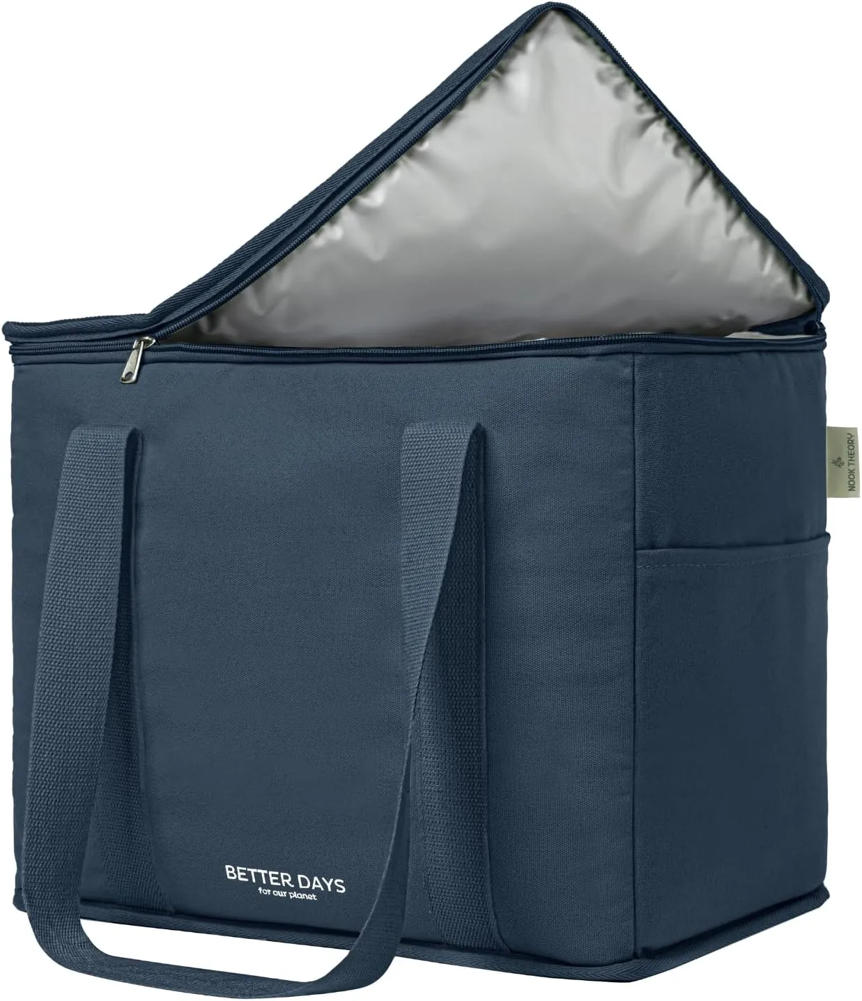Nook Theory Reusable Insulated Grocery Bag - Leak Proof, X Large Insulated Cooler Bag - Insulated Shopping Bags for Groceries - Travel Cooler Bag for Frozen and Hot Food with Zippered Top (Deep Blue)