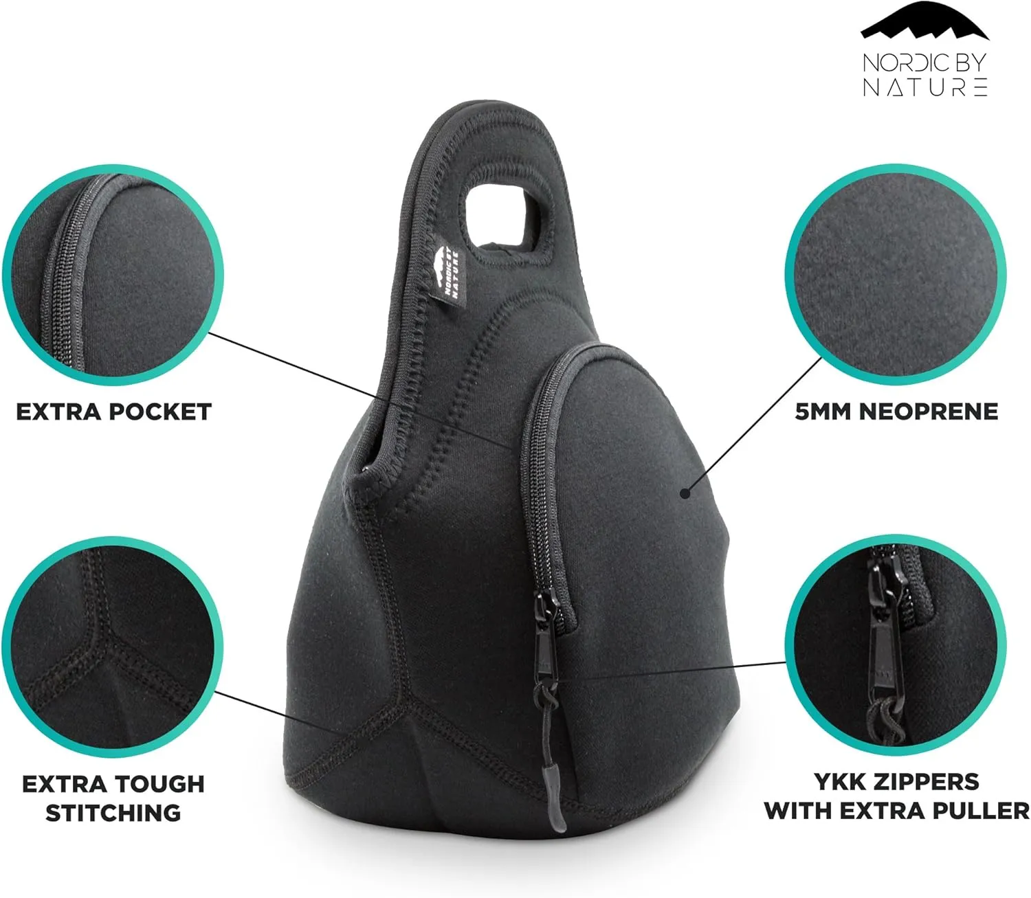Nordic By Nature Lunch Bags For Women & Lunch Boxes For Kids Premium Insulated Lunch Box Extra Thick Neoprene, Soft Cotton Feel, Premium Stitching, Outside Pocket, Washable (M) Black