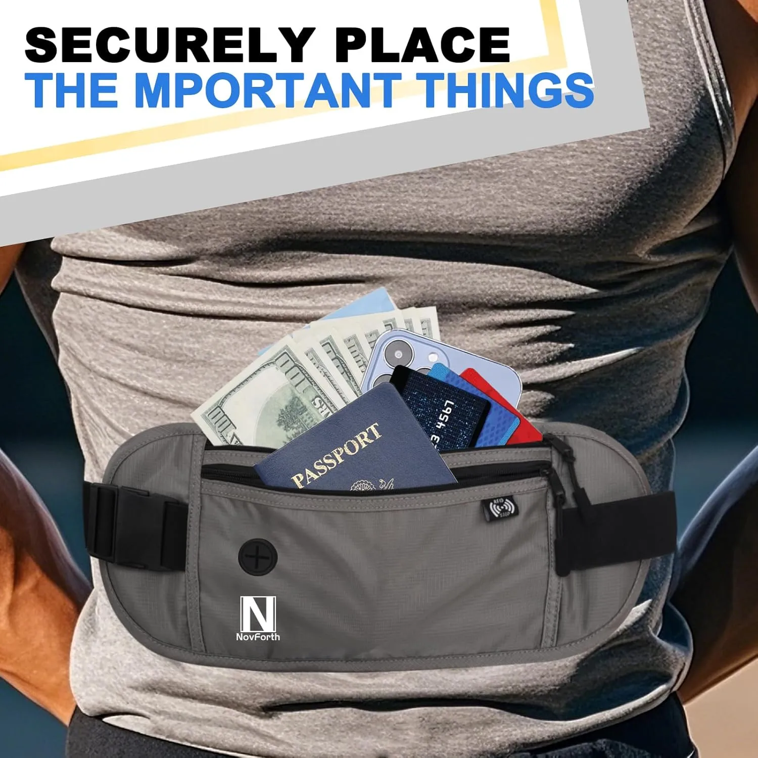 NovForth RFID Travel Money Belt - Anti-Theft Passport Holder Waist Pack with Large Capacity, Waterproof Fanny Pack for Men & Women, Adjustable Waist Wallet for Airport Security & Travel Accessories