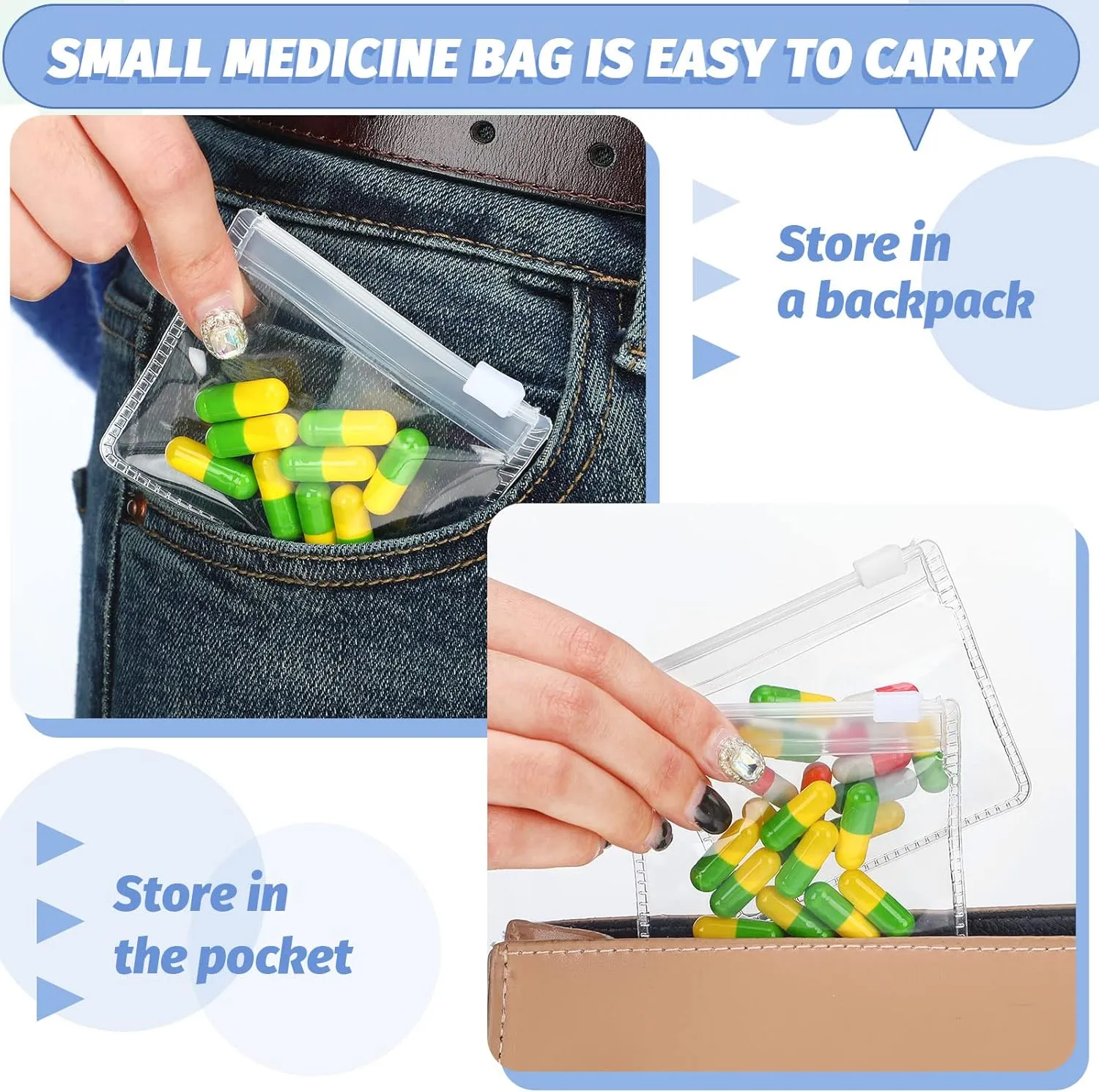 Nuanchu 48 Pieces Pill Pouches Bags Set Reusable Zippered Pill Baggies Clear Plastic Self Sealing Travel Medicine Organizer Storage with Slide Lock for Medicine and Small Items