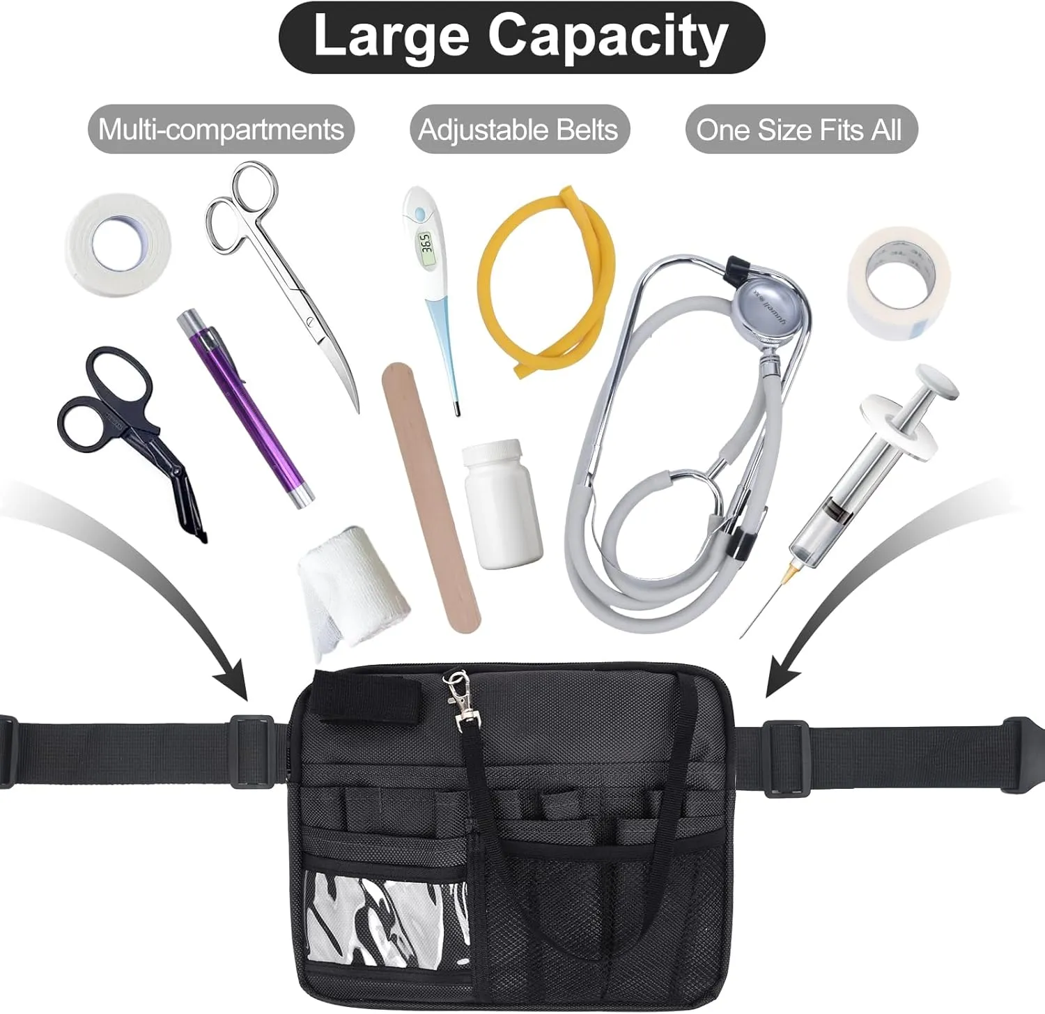 Nurse Fanny Pack, Portable Medical Waist Pack with 15 Compartments, Black