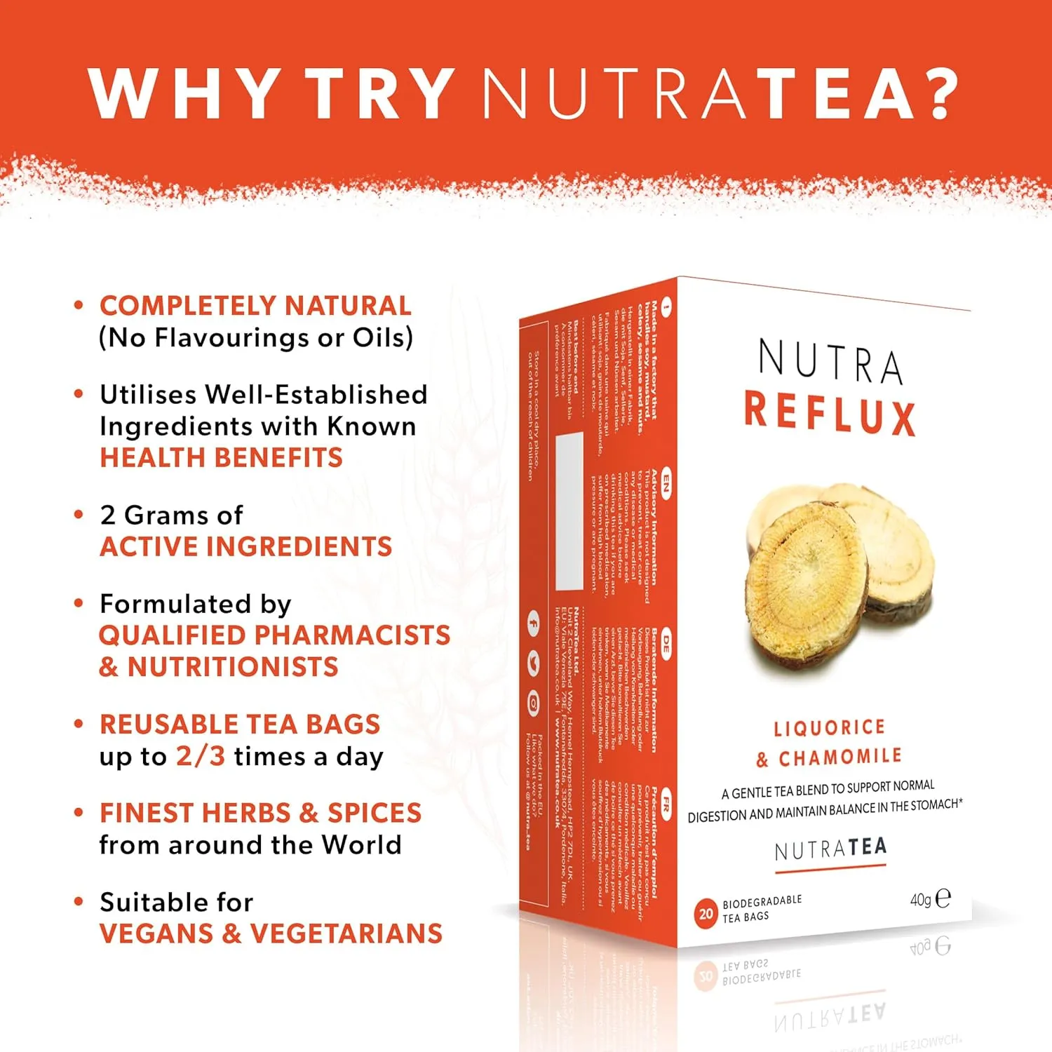 NUTRAREFLUX - Acid Reflux Tea | Heartburn Relief Tea - Providing Upset Stomach Relief and GERD relief - Includes Fennel & Licorice - 60 Enveloped Tea Bags - by Nutra Tea - Herbal Tea- (3 Pack)