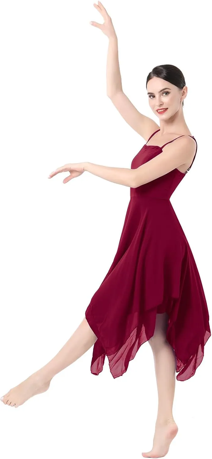 ODASDO Women Lyrical Dance Costume Modern Contemporary Ballet Dancewear Spaghetti Strap Chiffon Flowy Dress