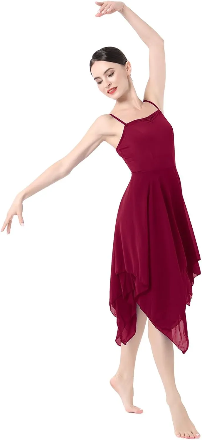 ODASDO Women Lyrical Dance Costume Modern Contemporary Ballet Dancewear Spaghetti Strap Chiffon Flowy Dress