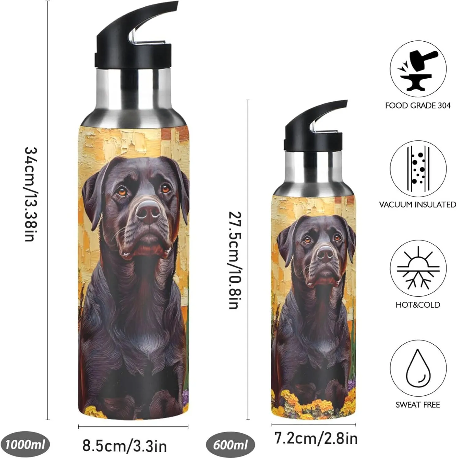Oil Painting Dog Print Sports Bottle with Straw and Carry Loop for Gym, Camping, Workout, and Outdoors，Insulated Water Bottle Jug for All Day Hydration