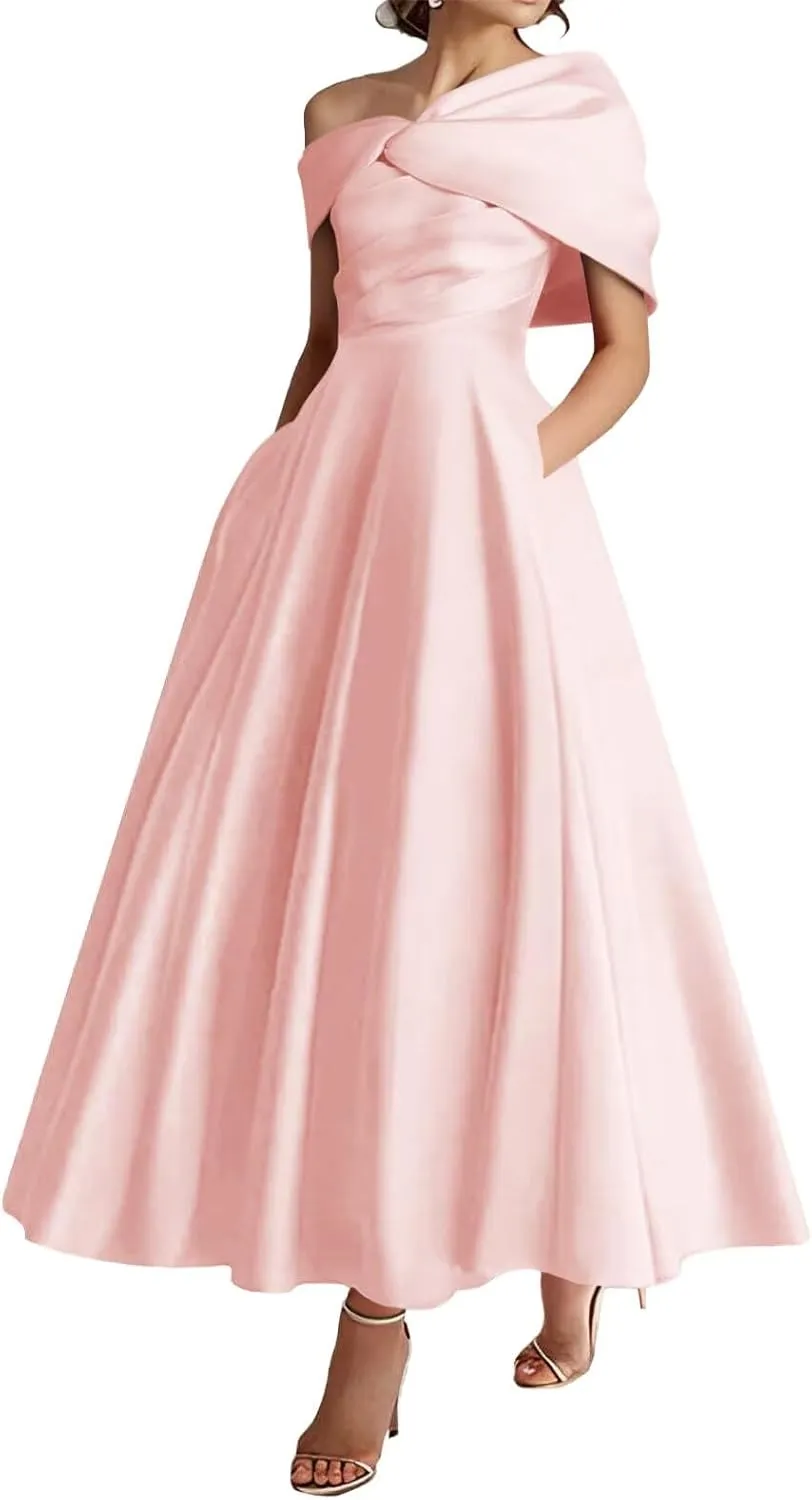 One Shoulder Satin Mother of The Bride Dresses A-Line Pleated Tea Length Wedding Guest Dress with Bow