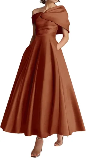 One Shoulder Satin Mother of The Bride Dresses A-Line Pleated Tea Length Wedding Guest Dress with Bow