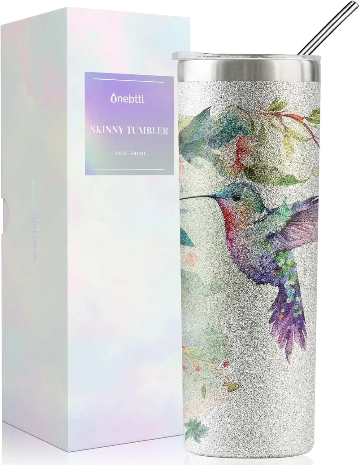 Onebttl Hummingbird Gifts For Women, Her and Hummingbird Lovers - 20oz/590ml Stainless Steel Insulated Glitter Tumbler with Straw - Hummingbird Skinny Tumbler, Coffee Cups - (Sliver)