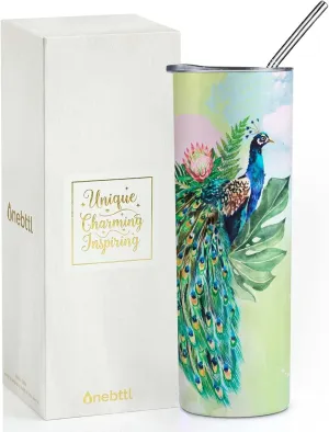 Onebttl Peacock Skinny Tumbler Gifts For Women, Female and Her - 20oz/590ml Stainless Steel Insulated Tumbler with Straw, Lid - Green