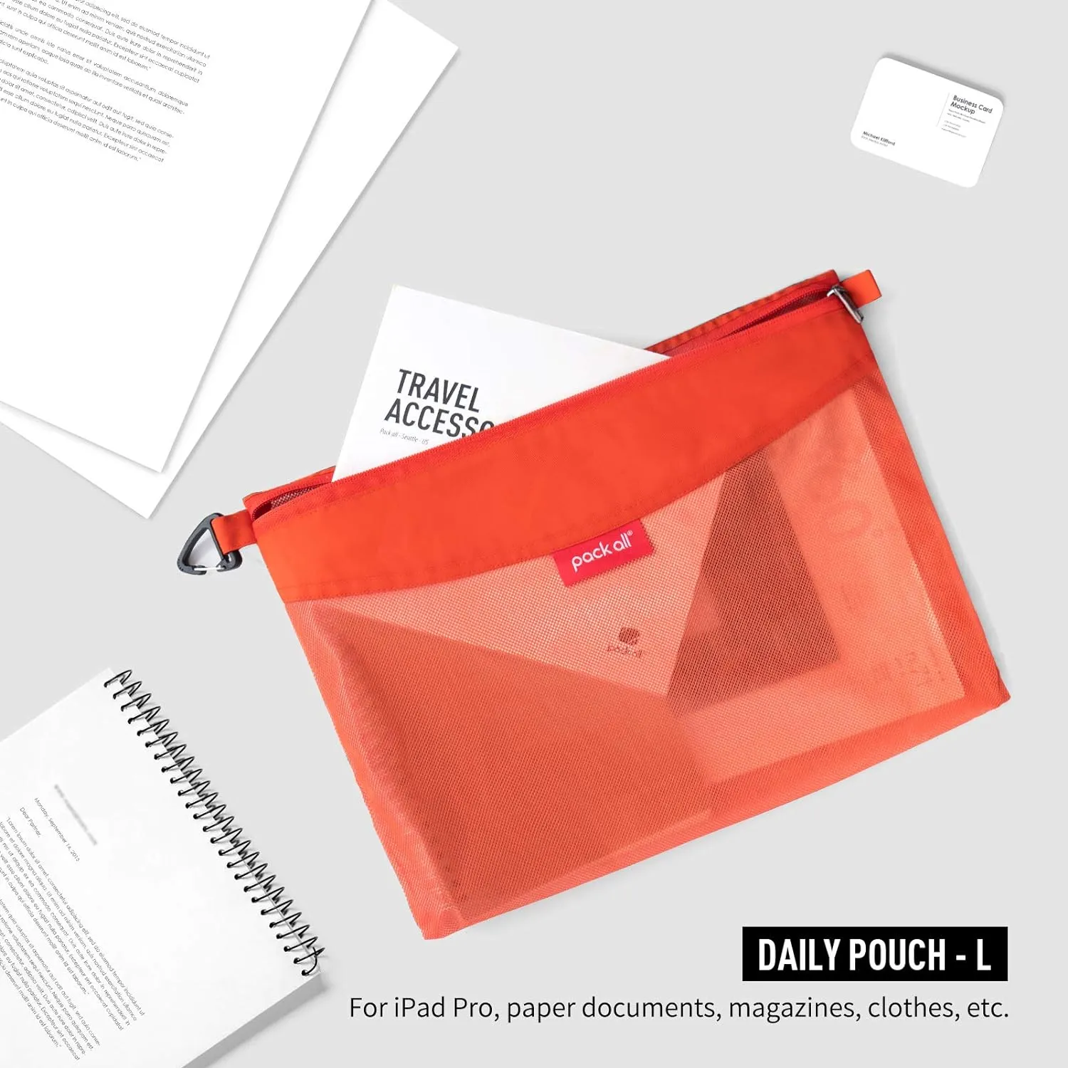 pack all Water-resistant Material Zipper Pouch, Mesh Zipper Bags for Storage, Travel, Office (Orange, Large)