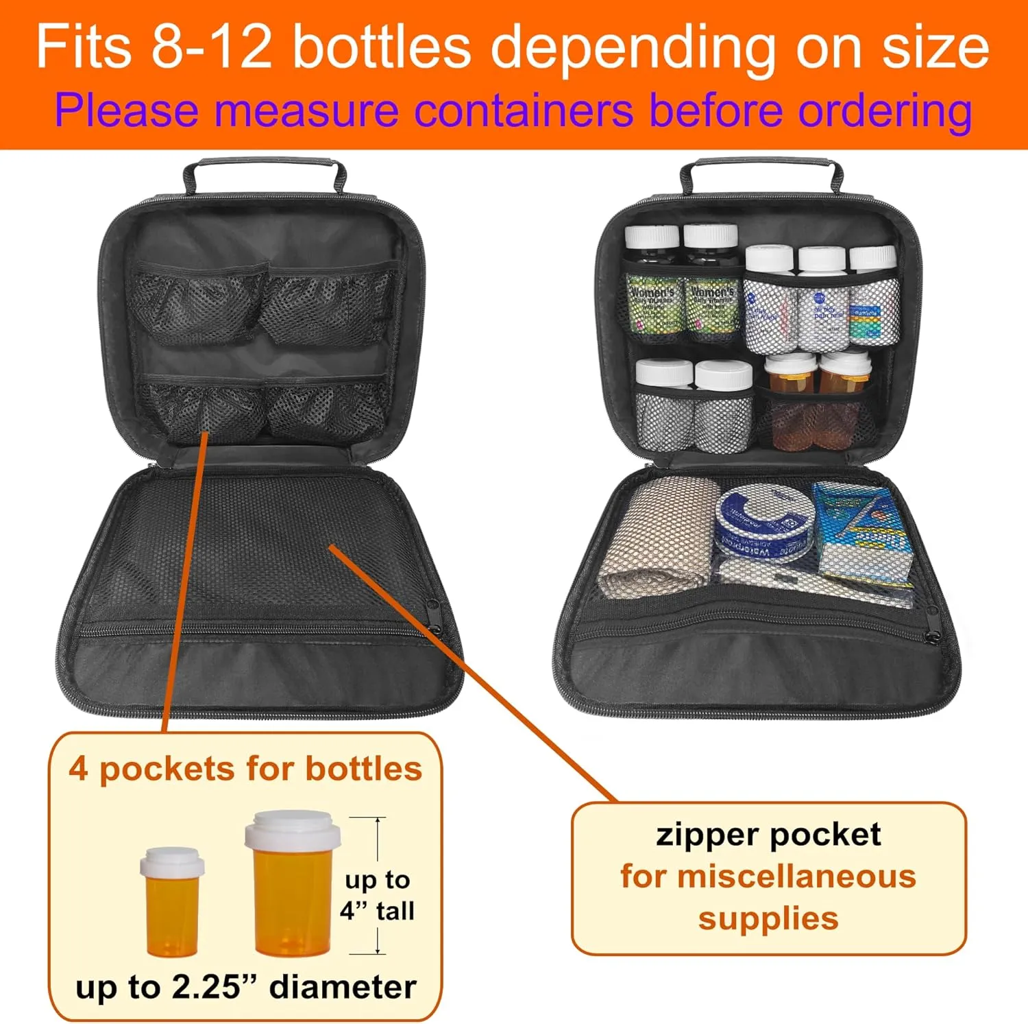 Pack of 2 - Medium Travel Pill Bottle Organizer, Medicine Bag, Carrier for Medications and Medical Supplies - Black (Without Lock)