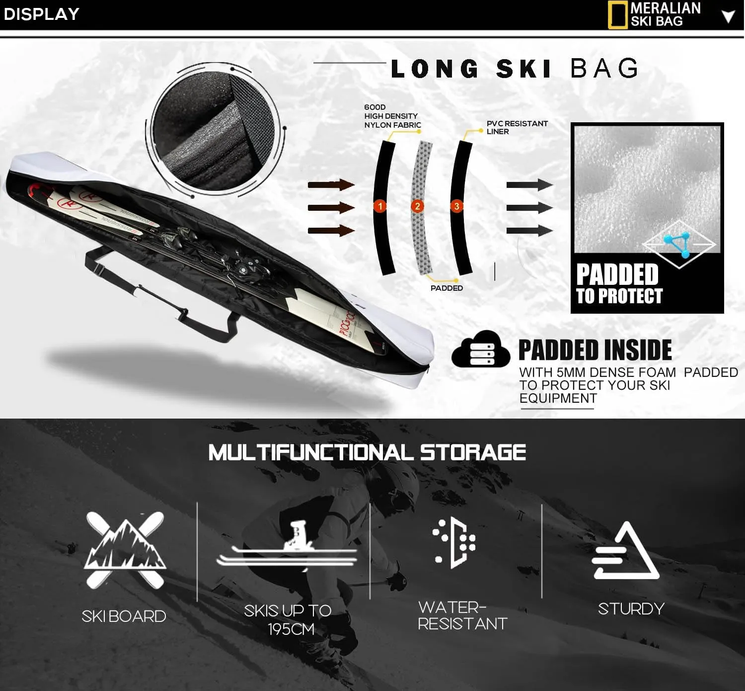 Padded Ski Bag,Waterproof Full Padded Single Ski Travel Bag with Adjustable Shoulder Strap.