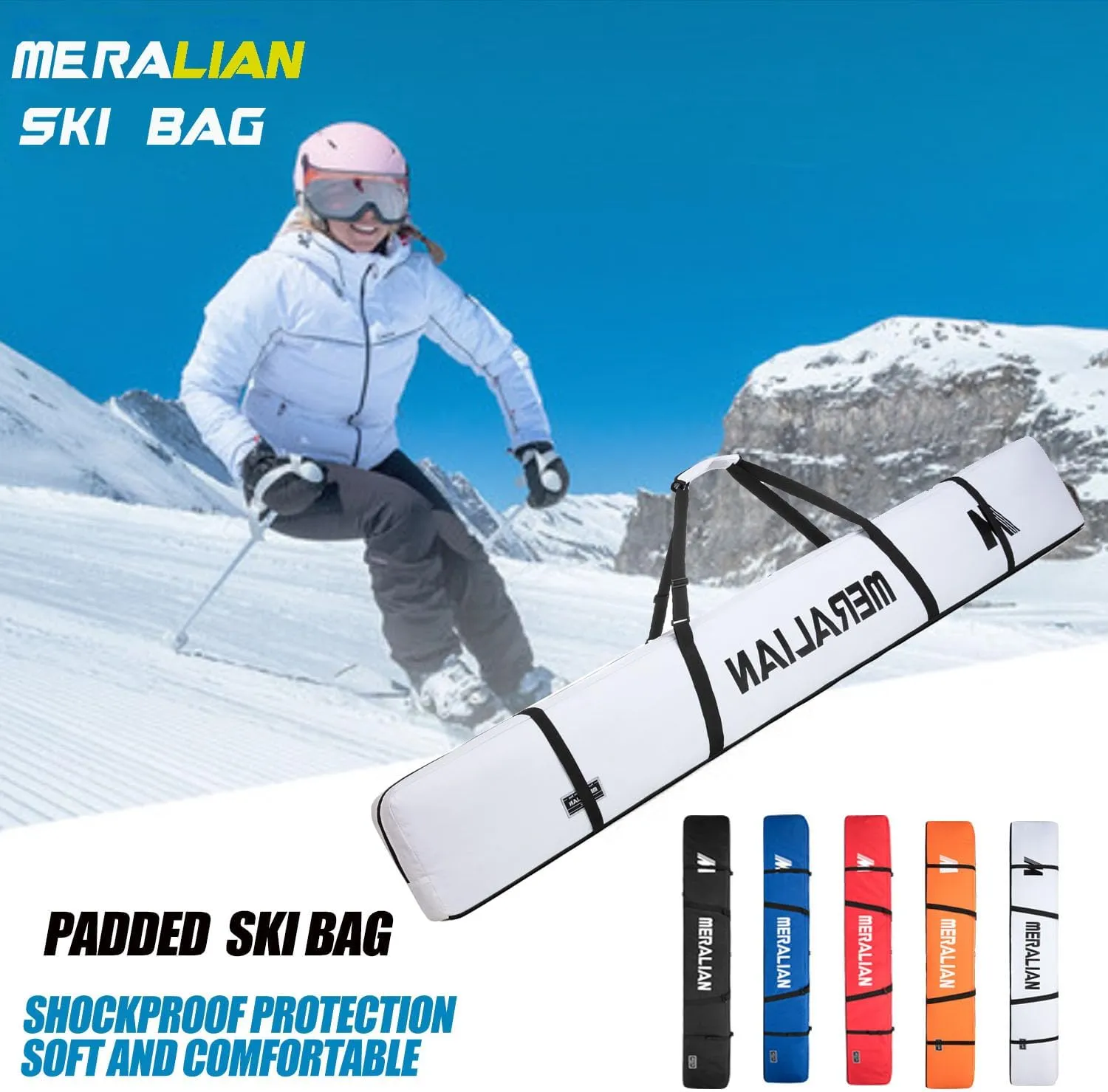 Padded Ski Bag,Waterproof Full Padded Single Ski Travel Bag with Adjustable Shoulder Strap.