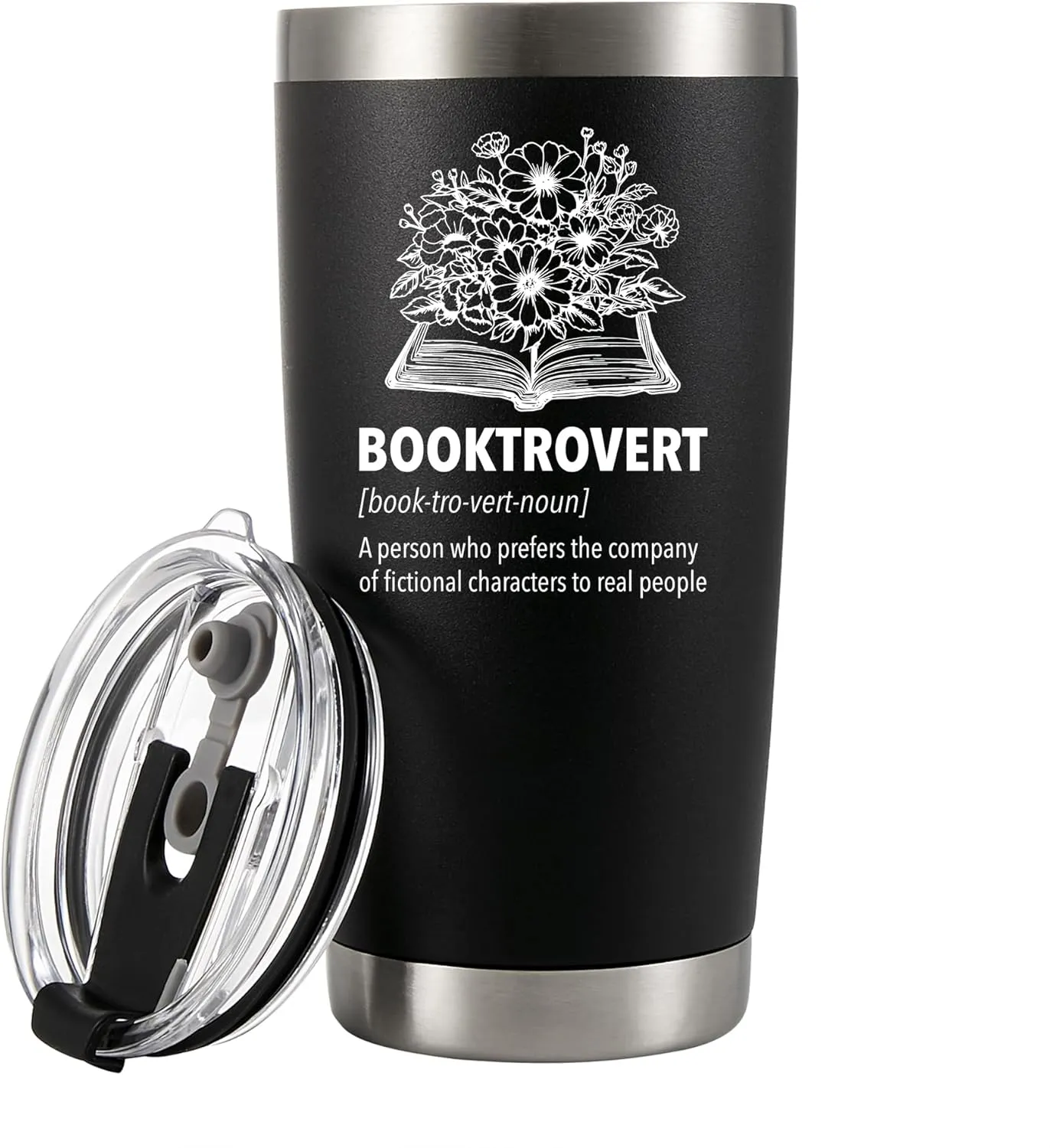 Panvola Booktrovert Definition Book Lover Gifts Vacuum Insulated Stainless Steel Tumbler For Women Men Sister Girlfriend Wife From Husband Boyfriend Dad Mom Travel Mug with Lid and Straw 20 oz Black
