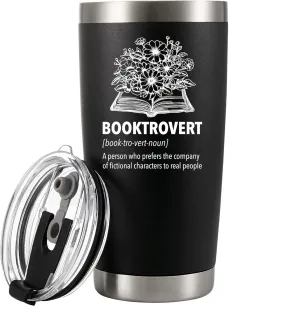 Panvola Booktrovert Definition Book Lover Gifts Vacuum Insulated Stainless Steel Tumbler For Women Men Sister Girlfriend Wife From Husband Boyfriend Dad Mom Travel Mug with Lid and Straw 20 oz Black