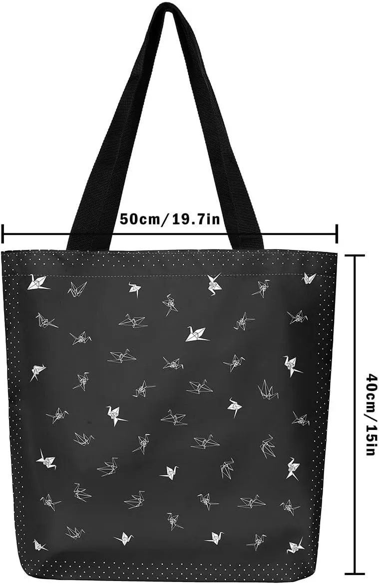 Paper Crane Canvas Bag Polka Dots Printed Canvas Bag Origami Canvas Tote Bag Geometric Grocery Shoulder Bag