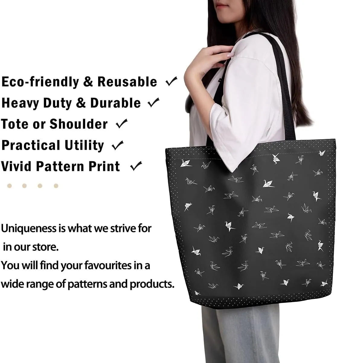 Paper Crane Canvas Bag Polka Dots Printed Canvas Bag Origami Canvas Tote Bag Geometric Grocery Shoulder Bag