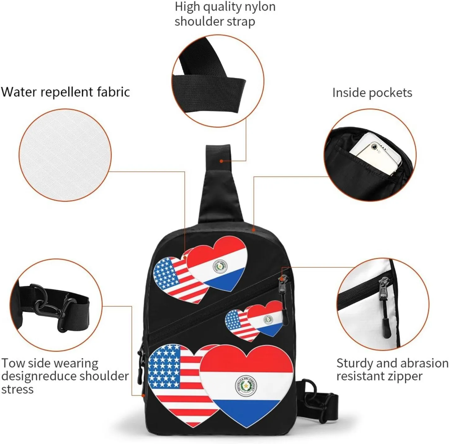 Paraguay America Flag Twin Heart for Paraguayan Americans Portable Crossbody Bag Foldable Sling Bags Sports Gym Chest Daypack Reusable Shoulder Backpack Casual Diagonally Rucksack Fanny Packs