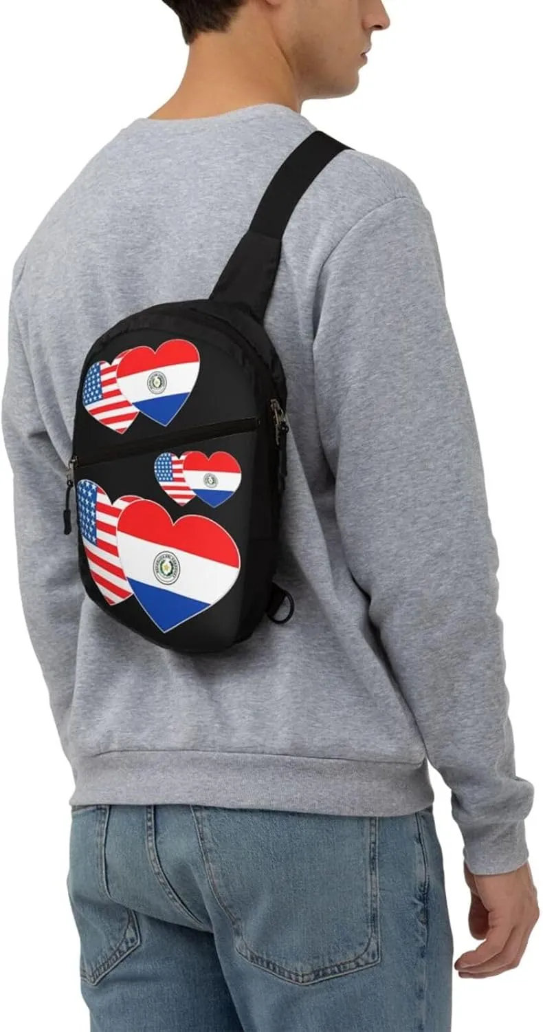 Paraguay America Flag Twin Heart for Paraguayan Americans Portable Crossbody Bag Foldable Sling Bags Sports Gym Chest Daypack Reusable Shoulder Backpack Casual Diagonally Rucksack Fanny Packs