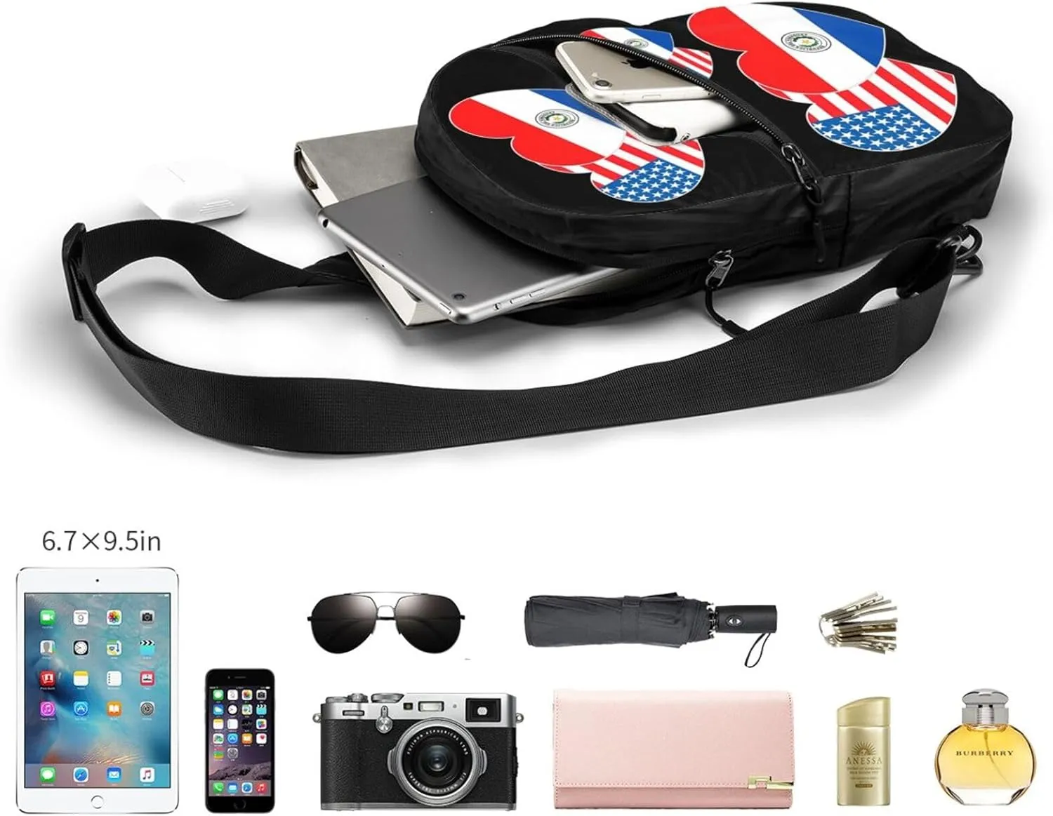 Paraguay America Flag Twin Heart for Paraguayan Americans Portable Crossbody Bag Foldable Sling Bags Sports Gym Chest Daypack Reusable Shoulder Backpack Casual Diagonally Rucksack Fanny Packs