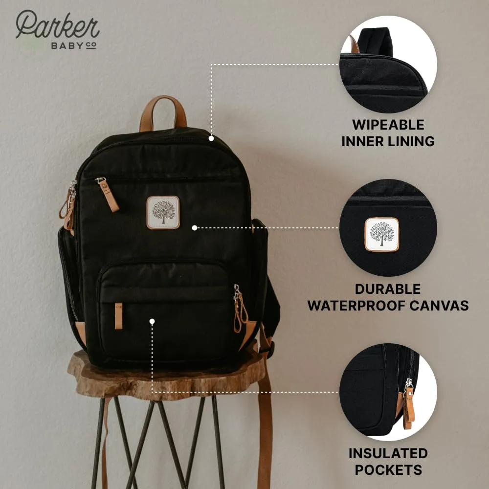 Parker Baby Co. Diaper Backpack - Full Zip Diaper Bag with Insulated Pockets - Black