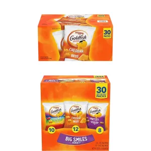 Pepperidge Farm Goldfish Cheddar Crackers, 1.5 oz. Snack Packs, 30 Count and Goldfish Crackers Big Smiles Variety Pack with Cheddar, Colors, and Pretzels, Snack Packs, 30 Ct