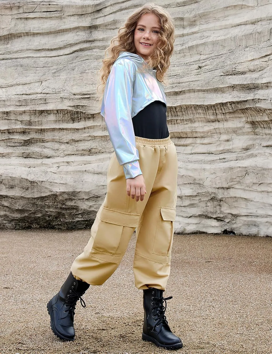 Perfashion Girls Long Sleeve Metallic Crop Tops Hip Hop Dance Hoodie Cropped Sweatshirt 4-13Y
