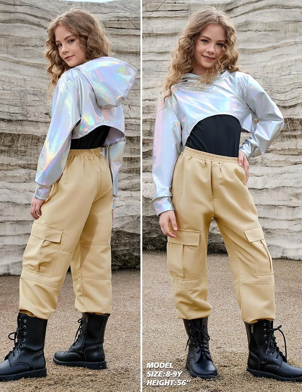 Perfashion Girls Long Sleeve Metallic Crop Tops Hip Hop Dance Hoodie Cropped Sweatshirt 4-13Y