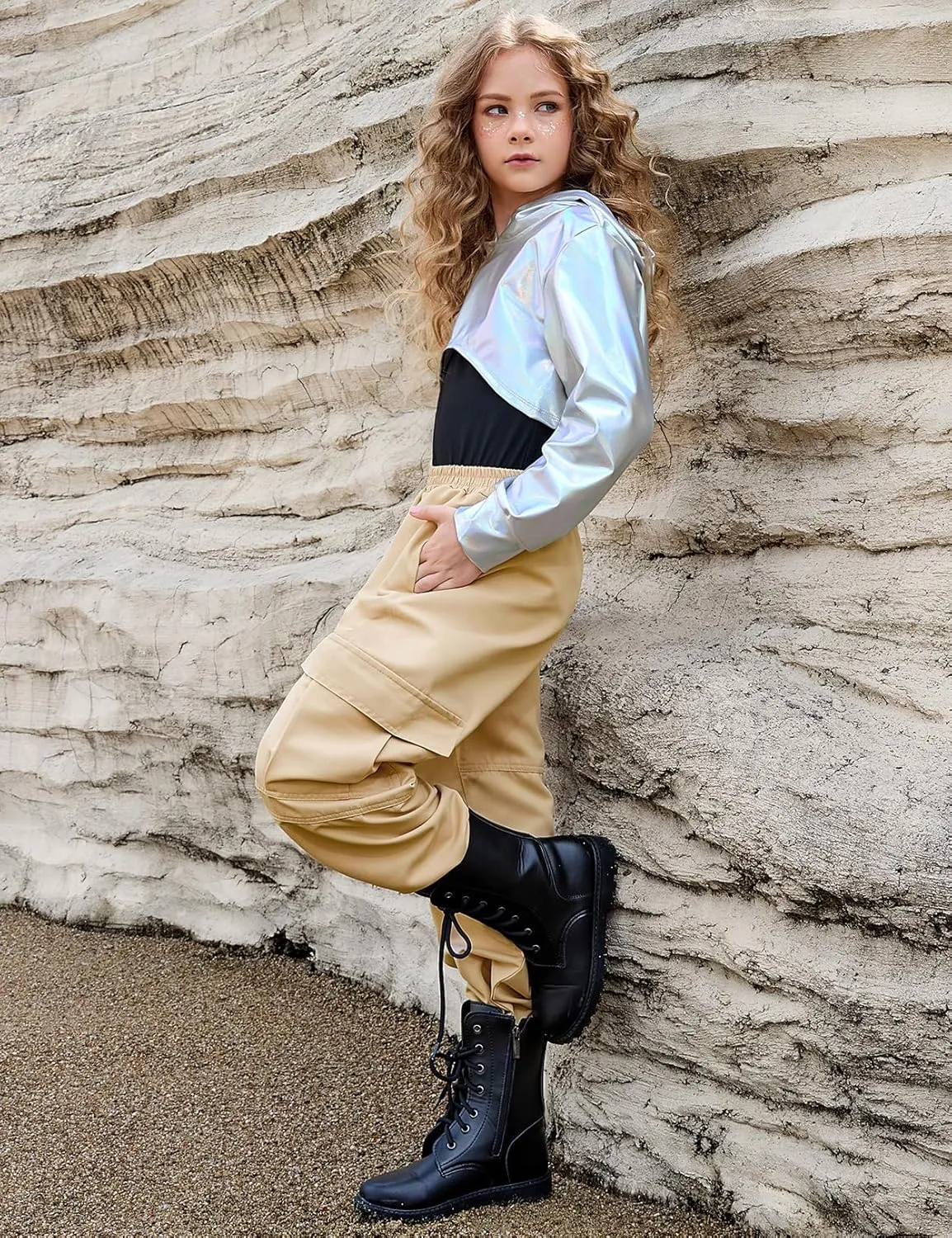 Perfashion Girls Long Sleeve Metallic Crop Tops Hip Hop Dance Hoodie Cropped Sweatshirt 4-13Y