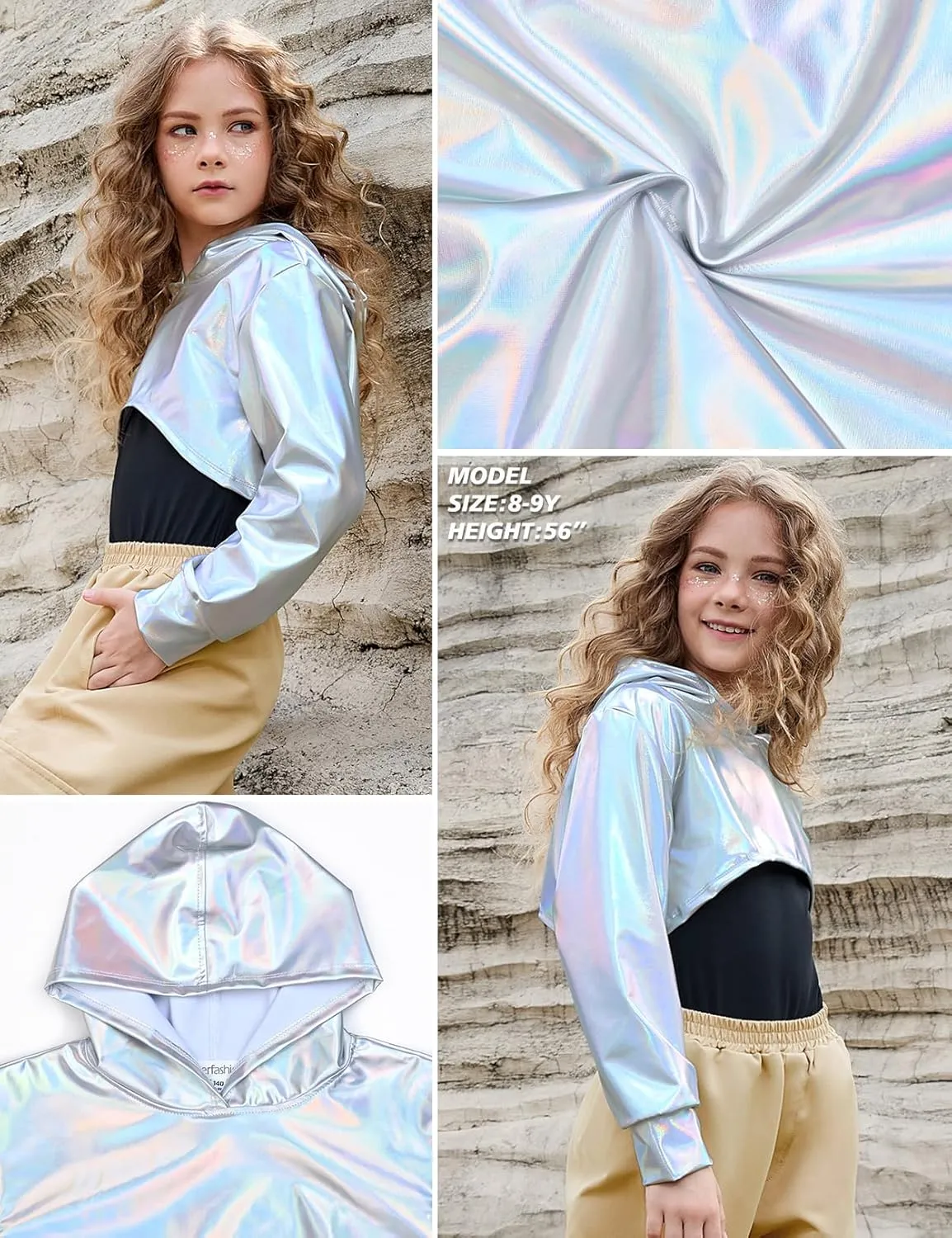 Perfashion Girls Long Sleeve Metallic Crop Tops Hip Hop Dance Hoodie Cropped Sweatshirt 4-13Y