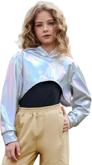 Perfashion Girls Long Sleeve Metallic Crop Tops Hip Hop Dance Hoodie Cropped Sweatshirt 4-13Y