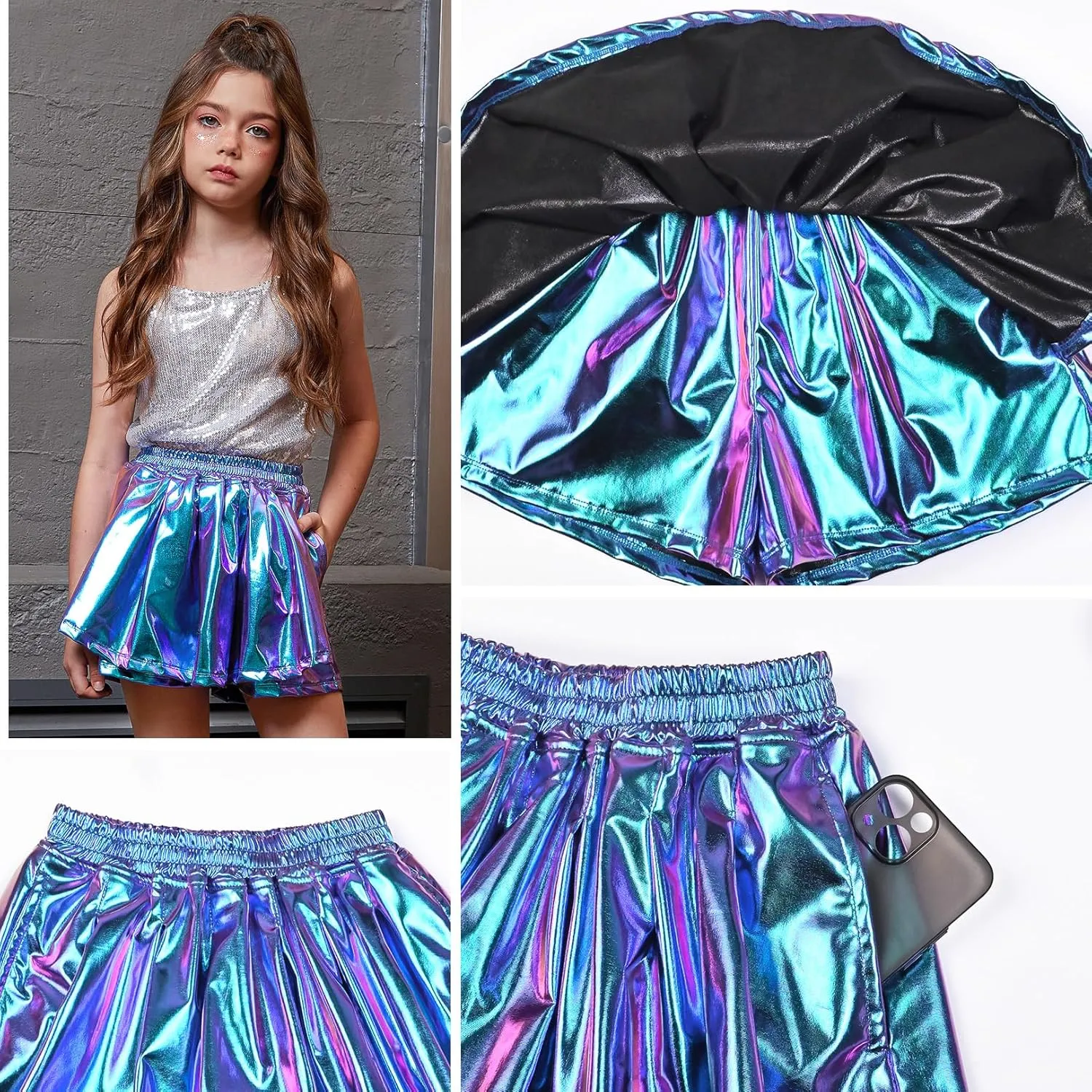 Perfashion Girls' Metallic Skorts Sparkly Shorts Shiny Dance Skirt with Pockets 4-13 Years