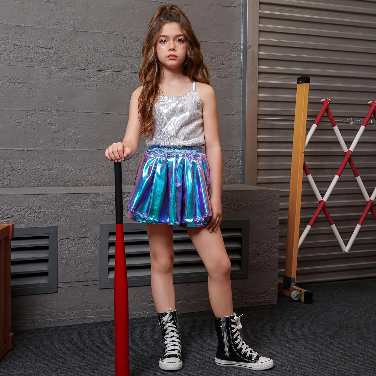 Perfashion Girls' Metallic Skorts Sparkly Shorts Shiny Dance Skirt with Pockets 4-13 Years