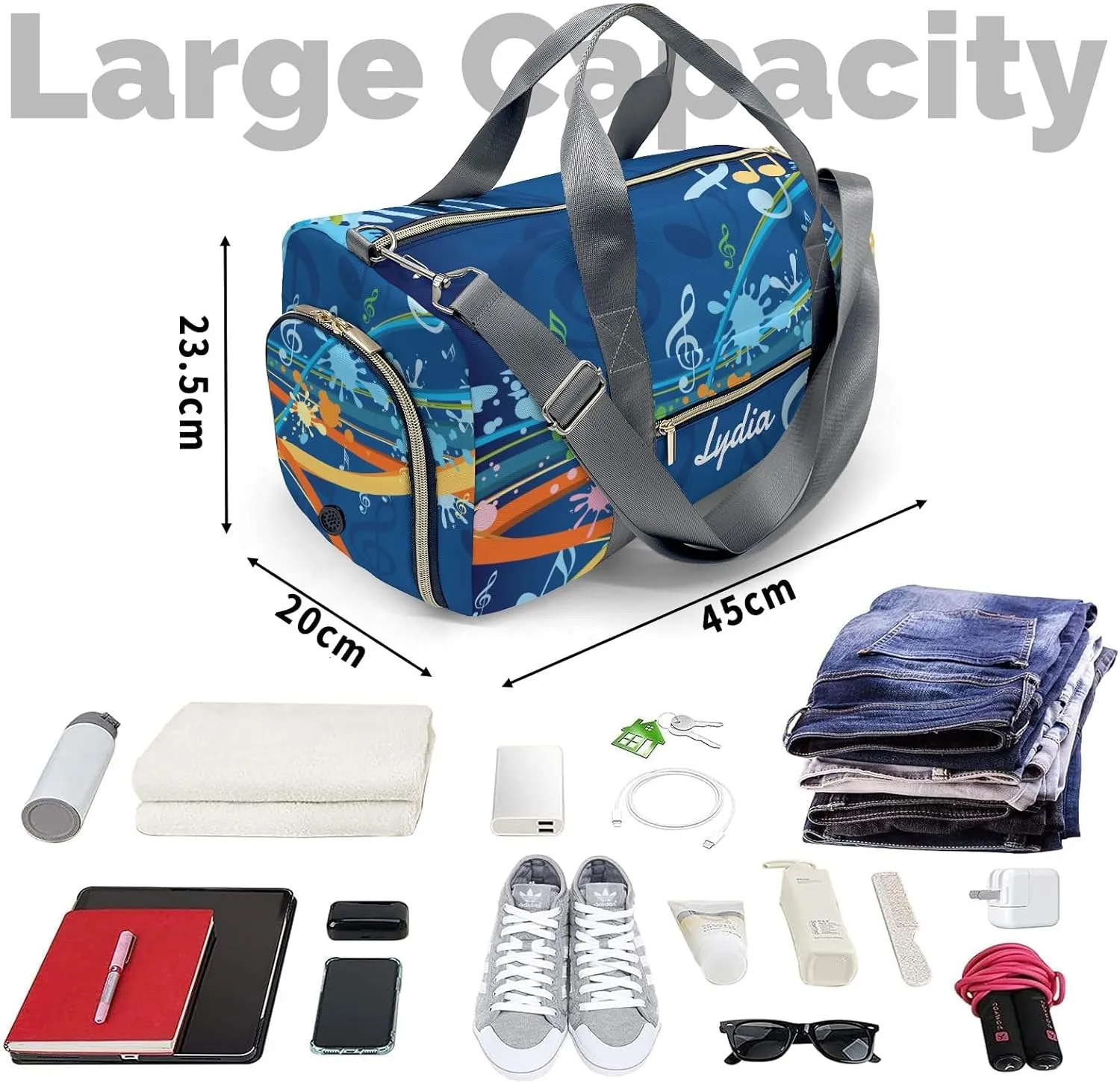Personalized Abstract Colorful Music Notes Custom Multi-functional Travel Bag, Unisex Portable Duffel Bag, Short Distance Travel Assistant